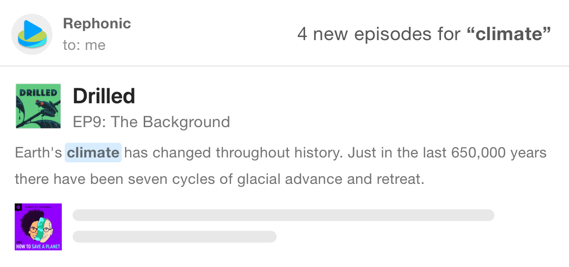 Email alert on Rephonic for podcast episodes containing the climate keyword.