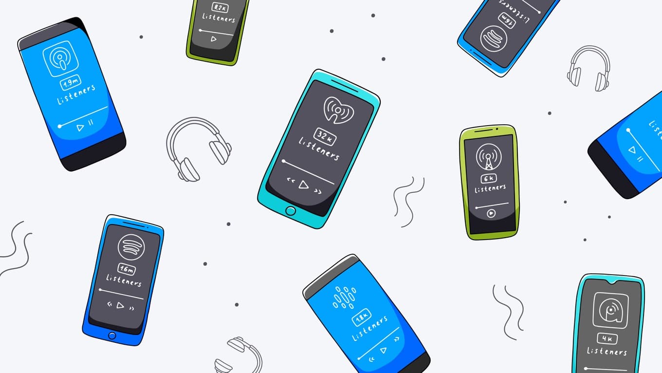 Illustration of various podcast apps on smartphones.