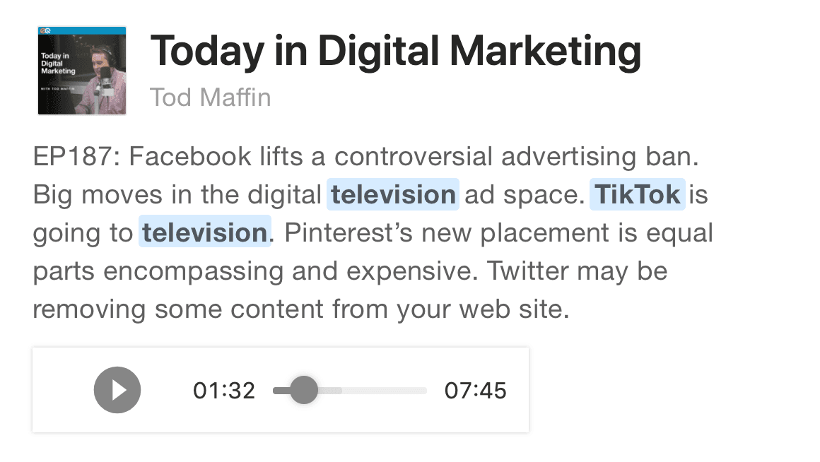 Podcast episode show notes containing keywords.